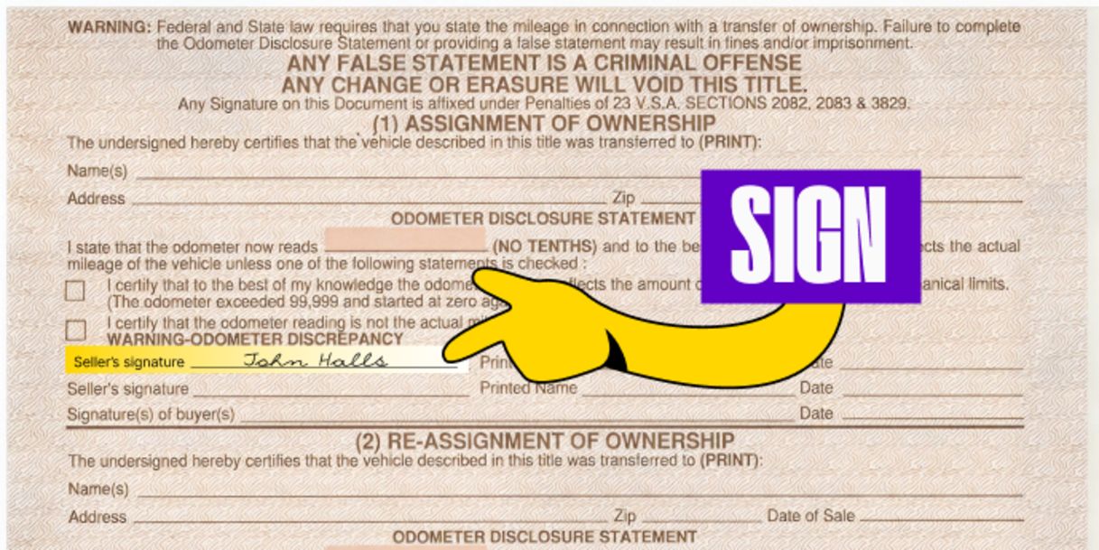 Back of the title (top half) - Sign your name on the line labeled 'Seller's Signature'