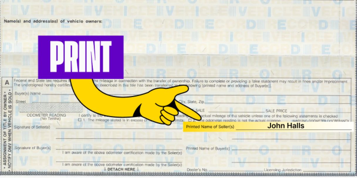 Front of the title (right below) - Print your name(s) on the line labeled 'Printed Name of Seller(s)'
