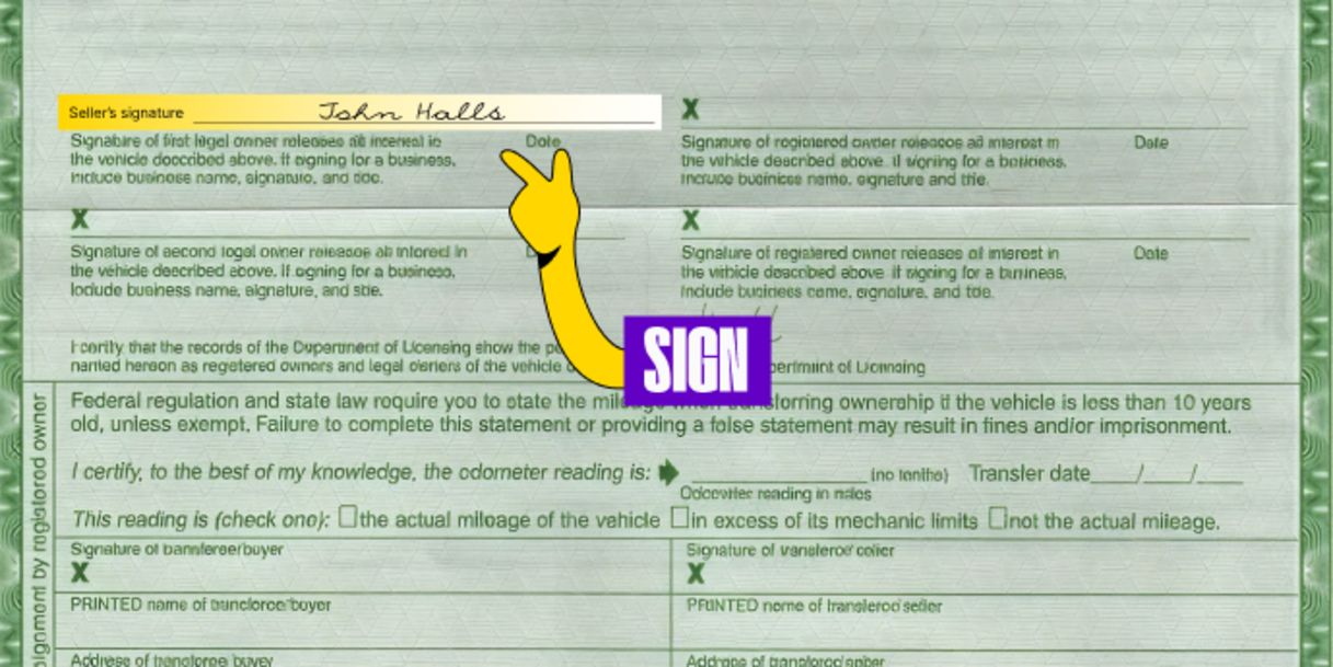 Front of the title (middle left) - Sign your name(s) on the line labeled 'Signature of First Legal Owner'