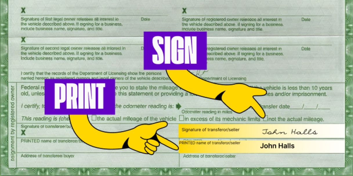 Front of the title (bottom right) - Sign and print your name(s) on lines labeled 'Signature of Transferor/Seller' and 'Printed name of of Transferor/Seller'