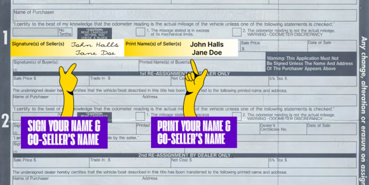 Multiple owners? Only one owner must sign if title states 'OR' between owner names printed on the front of the title. Both owners must sign if title states "AND" or "AND/OR" between owner names, or if nothing is listed between owner names.