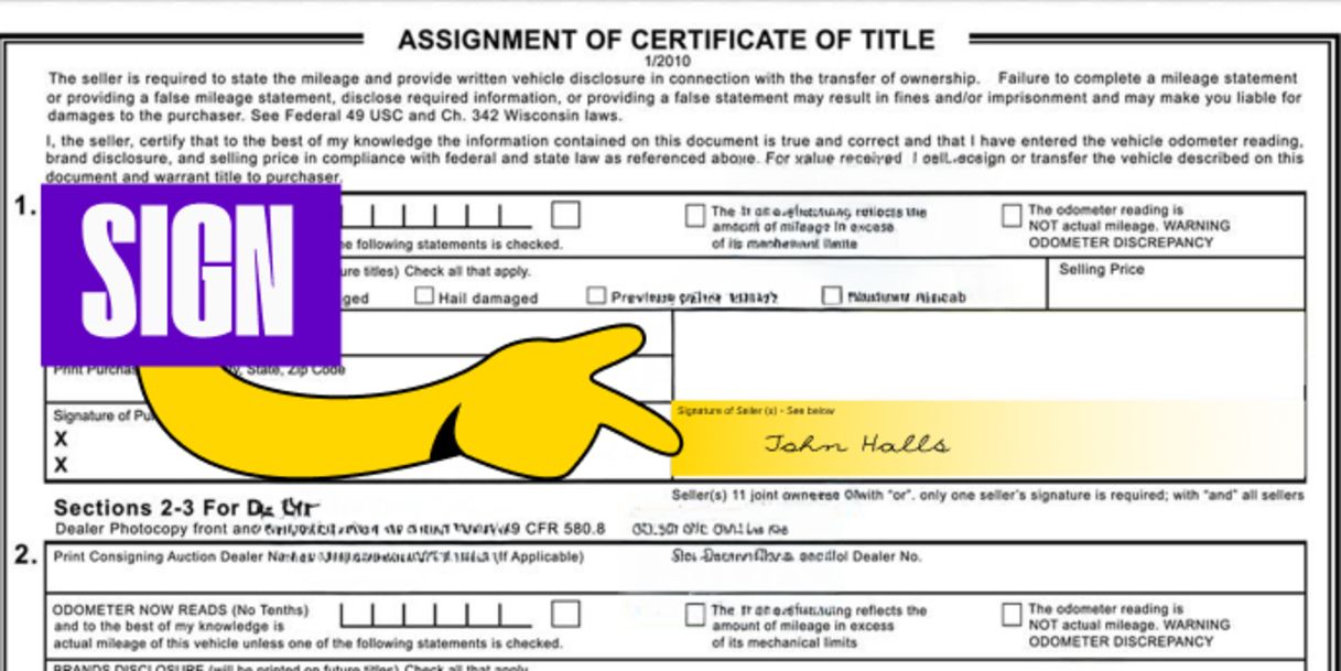 Back of the title (right below) - Sign your name(s) on the line labeled 'Signature(s) of Seller(s)'