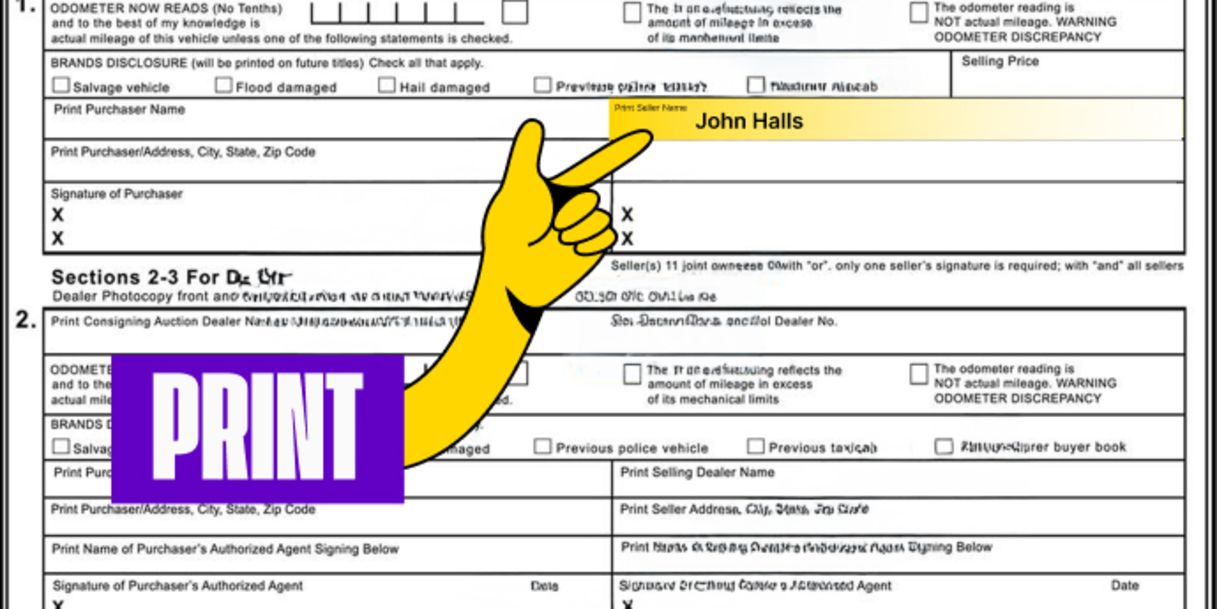 Back of the title (top right) - Print your name(s) on the line labeled 'Print Seller Name'