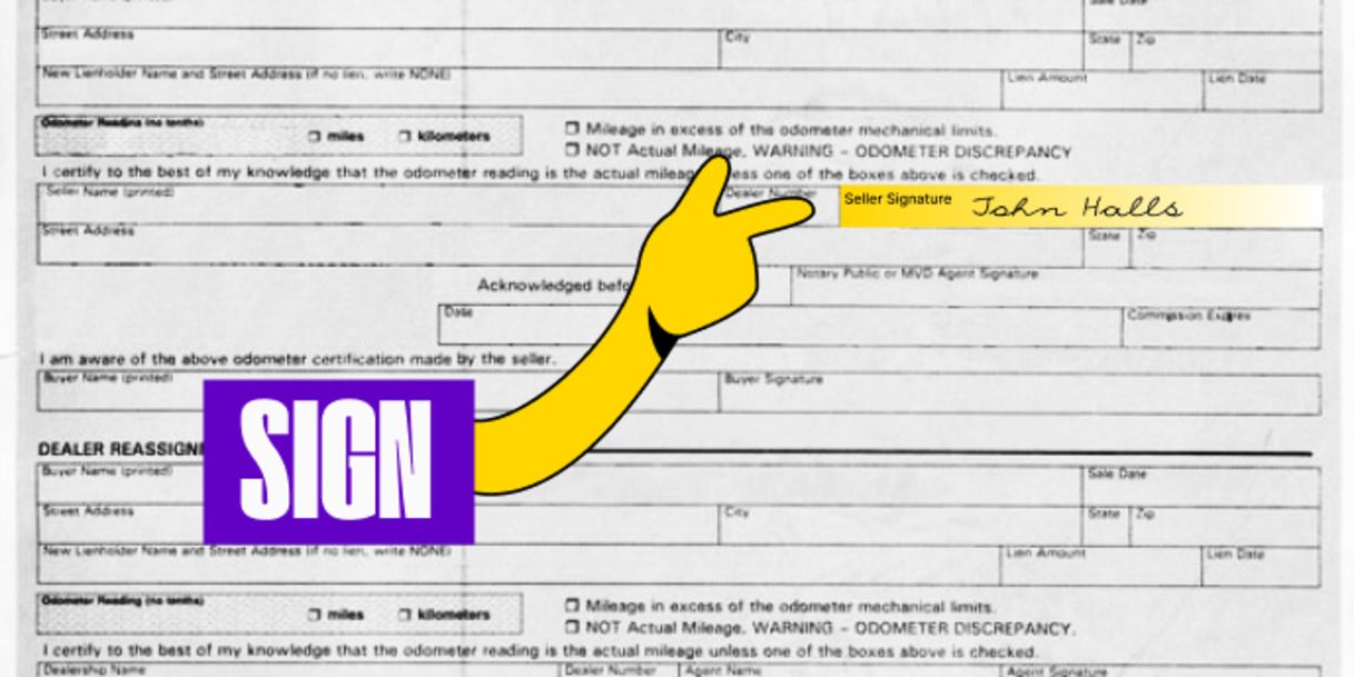 Back of the title (top right) - Sign your name on the line labeled 'Seller's Signature'