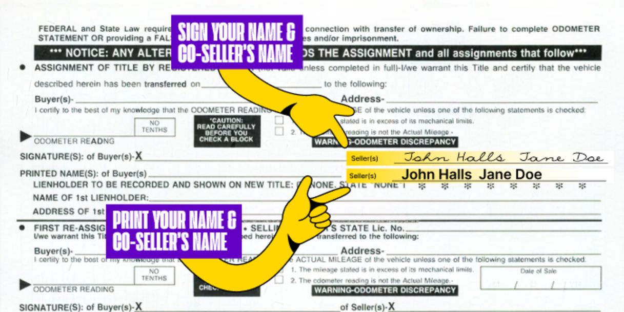 Multiple owners? Only one owner must sign if title states 'OR' between owner names printed on the front of the title. Both owners must sign if title states "AND" or "AND/OR" between owner names, or if nothing is listed between owner names.