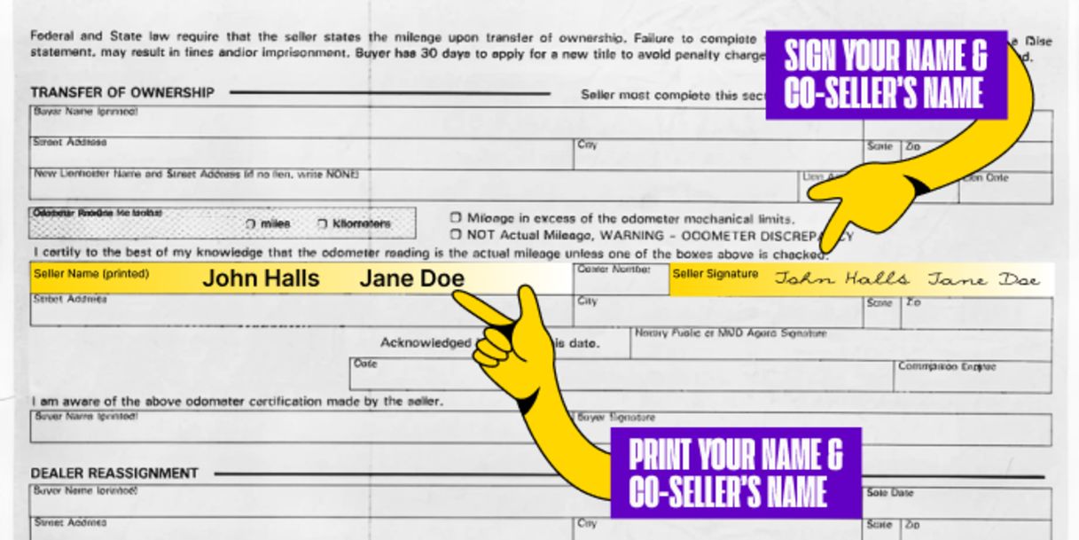 Multiple owners? Only one owner must sign if title states 'OR' between owner names printed on the front of the title. Both owners must sign if title states "AND" or "AND/OR" between owner names, or if nothing is listed between owner names.