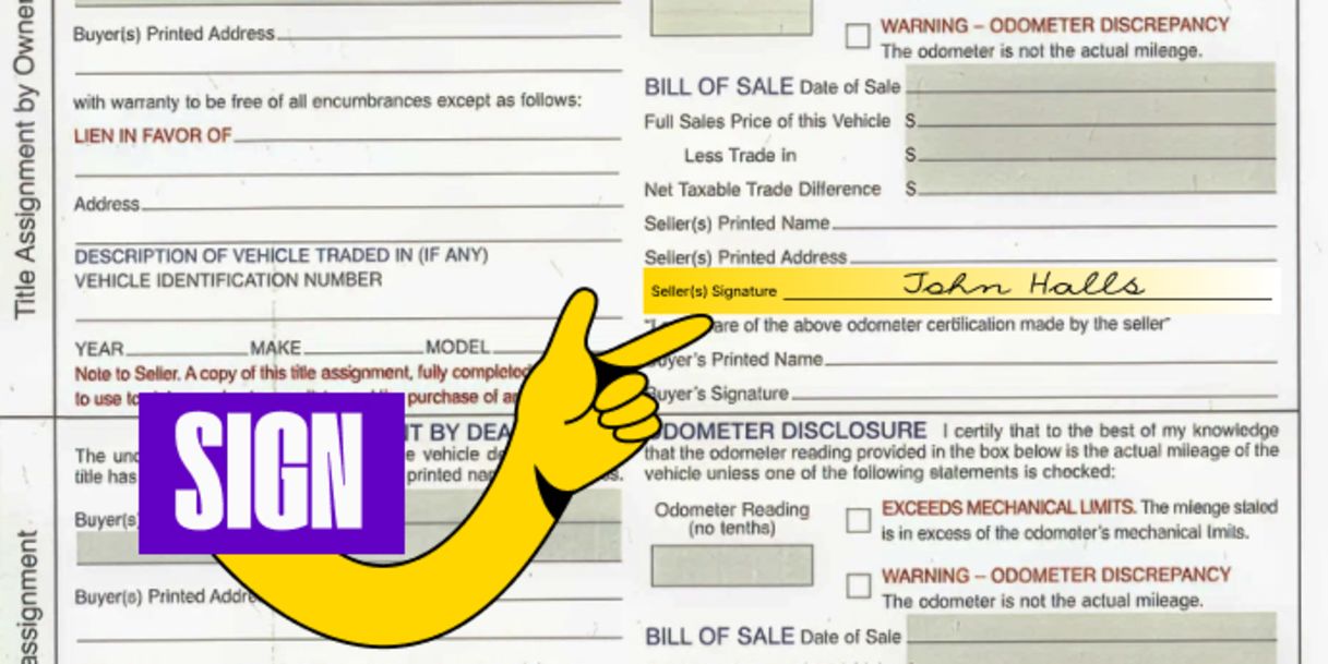 Back of the title - Sign your name on the line labeled 'Signature and address of Seller(s)'