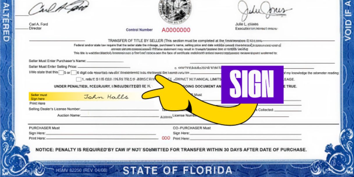 Front of the title (bottom half) - Sign your name on the line labeled 'Signature of Seller'