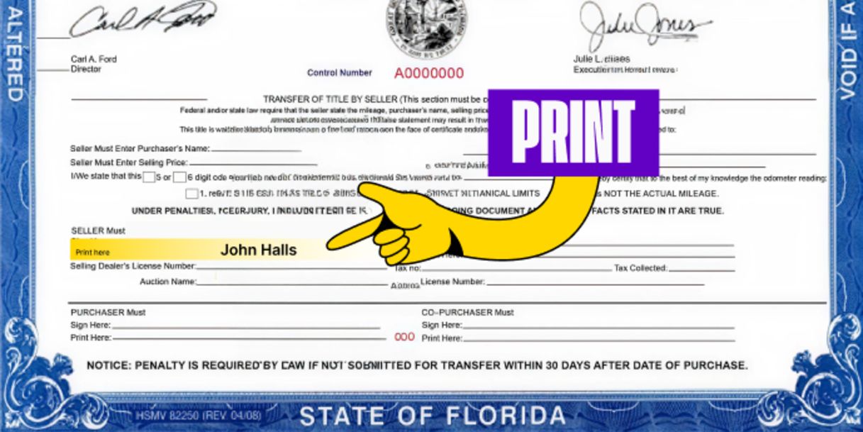 Front of the title (right below) - Print your name on the line labeled 'Printed Name of Seller'