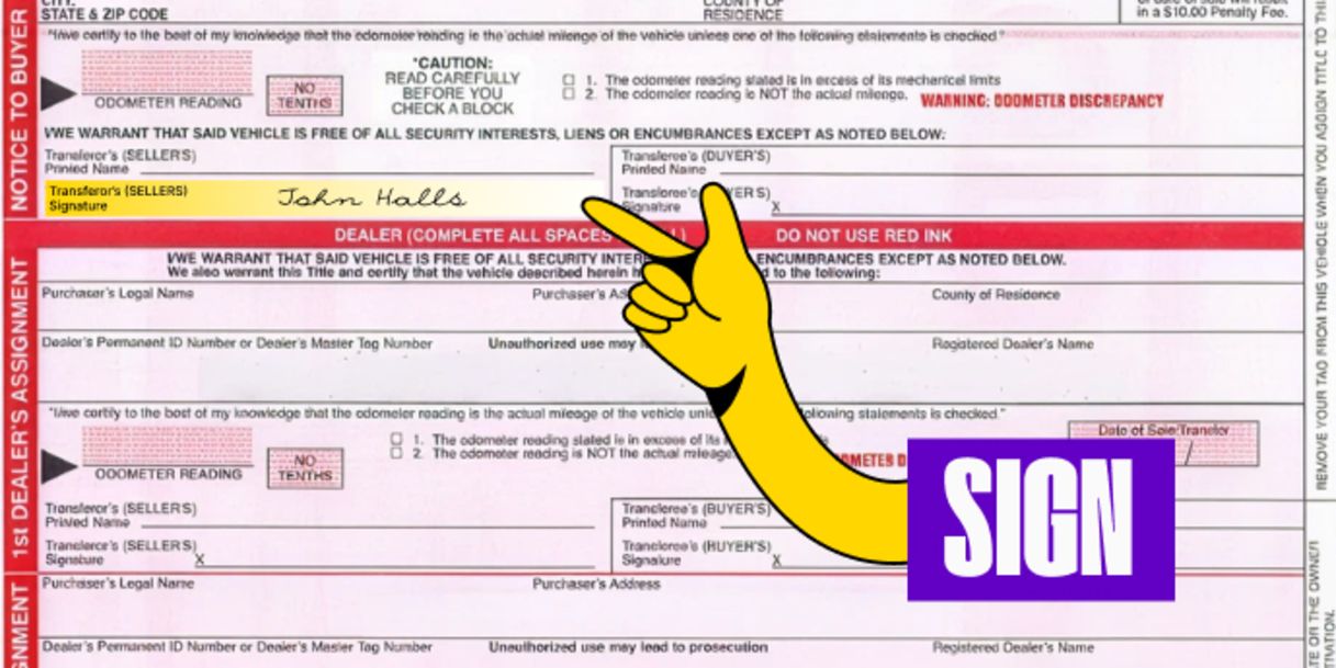 Back of the title (right below) - Sign your name on the line labeled 'Transferor's (Seller) Signature'