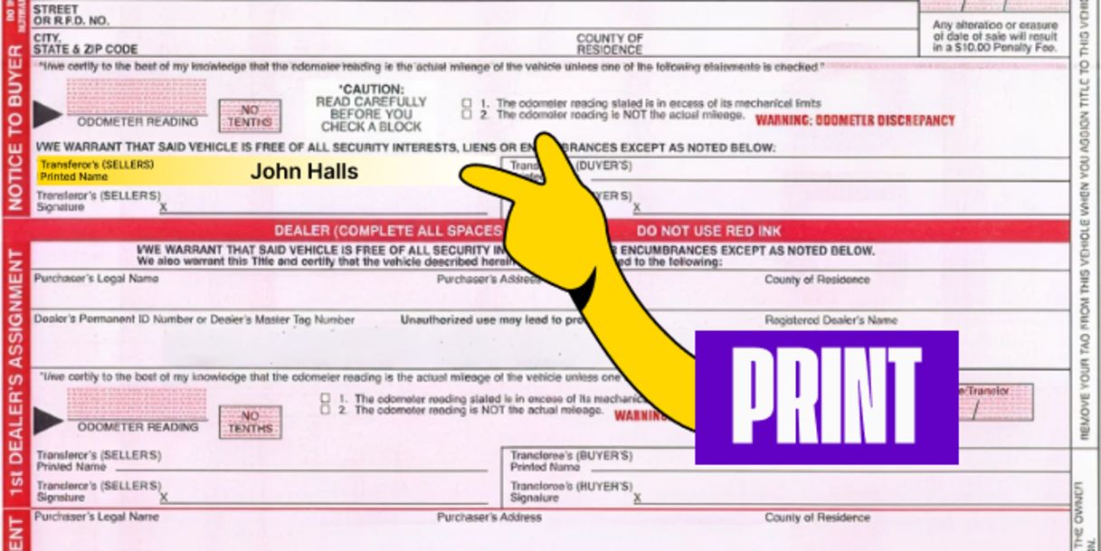 Back of the title (top left) - Print your name on the line labeled 'Transferor's (Seller) Printed Name'