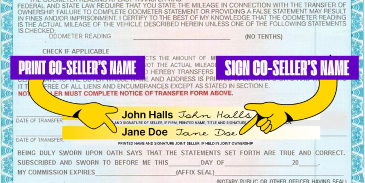 More than one owner? All owners listed on the front of the title must sign the title.