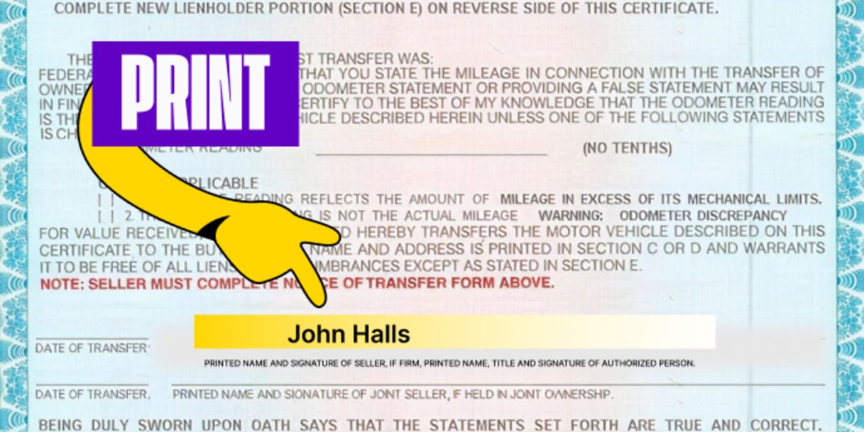 Front of the title (bottom half) - Print your name above the line labeled 'Printed Name and Signature of Seller'
