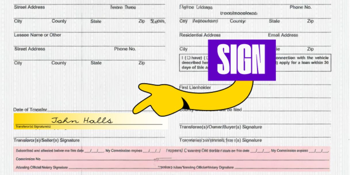 Back of the title (section Transfer Of Title By Owner, left column) - Print your name where it reads "Transferor/Seller Printed Name"