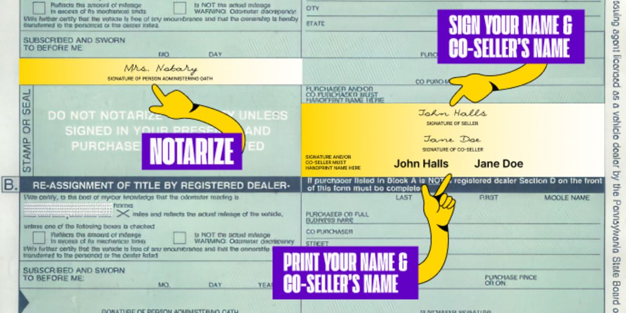 More than one owner? All owners listed on the front of the title must sign the title.