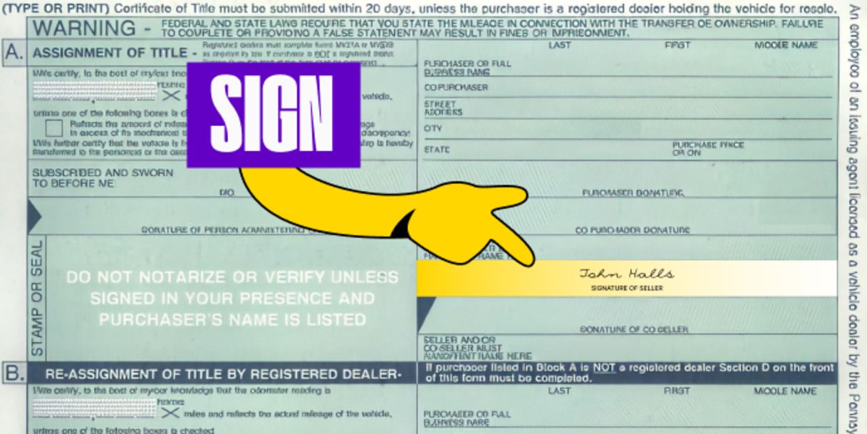 Back of the title (top right) - Sign your name on the line labeled 'Signature of Seller'