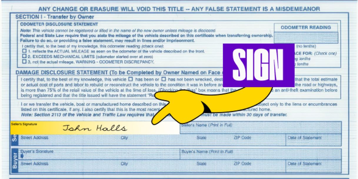 Back of the title - Sign your name in the box labeled 'Seller's Signature'