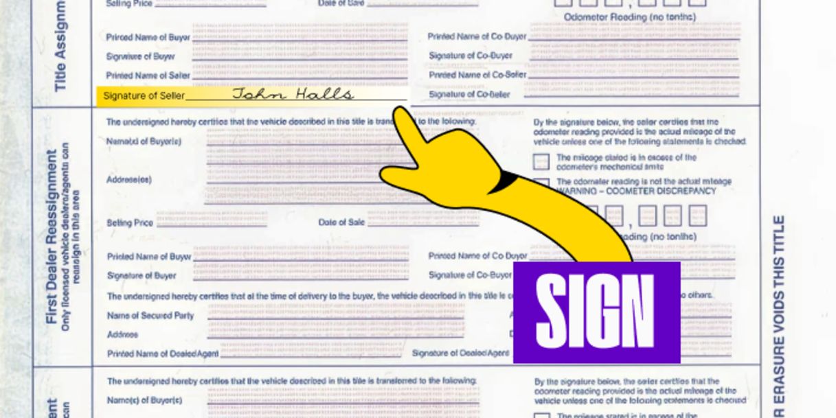Back of the title (right below) - Sign your name(s) on the line labeled 'Signature of Seller'