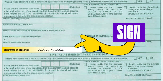 Back of the title (top left) - Sign your name(s) on the line labeled 'Signature of Seller(s)'