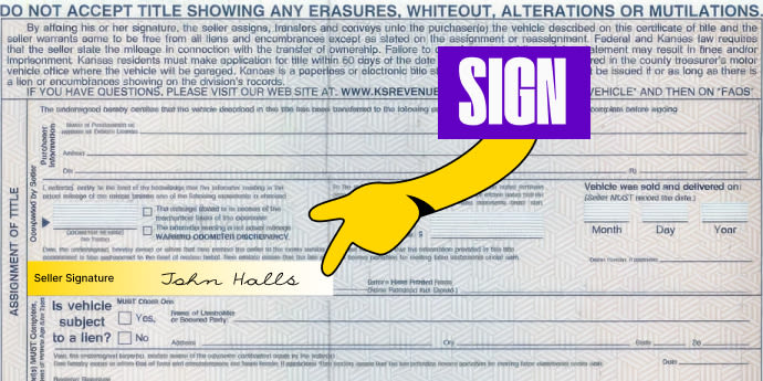Back of the title (top half) - Sign your name on the line labeled 'Seller Signature(s)'