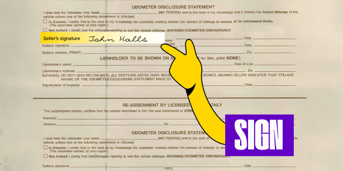 Back of the title (top half) - Sign your name on the line labeled 'Seller's Signature'