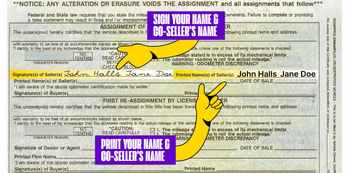 Multiple owners? Only one owner must sign if title states 'OR' between owner names printed on the front of the title. Both owners must sign if title states "AND" or "AND/OR" between owner names, or if nothing is listed between owner names.