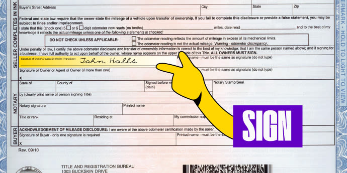 Front of the title (bottom left) - Sign your name on the line labeled 'Signature of Owner or Agent of Owner (Transferor)'
