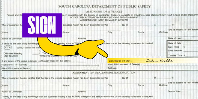 Back of the title (top right) - Sign your name on the line labeled 'Signature(s) of Seller(s)'