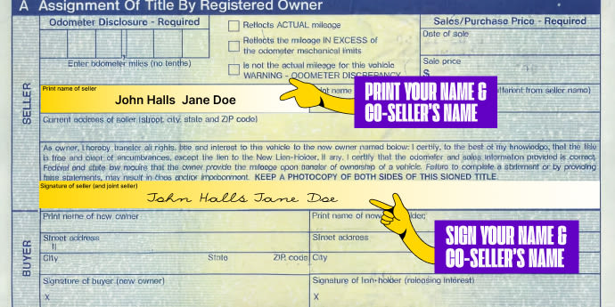 Multiple owners? Only one owner must sign if title states 'OR' between owner names printed on the front of the title. Both owners must sign if title states "AND" or "AND/OR" between owner names, or if nothing is listed between owner names.