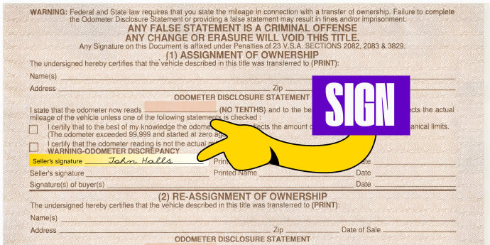 Back of the title (top half) - Sign your name on the line labeled 'Seller's Signature'