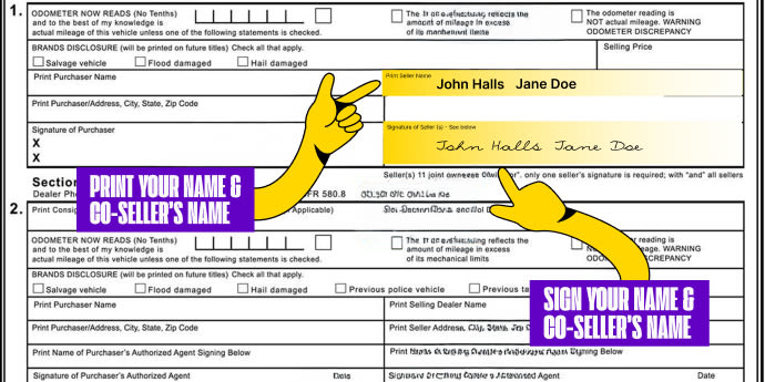 Multiple owners? Only one owner must sign if title states 'OR' between owner names printed on the front of the title. Both owners must sign if title states "AND" or "AND/OR" between owner names, or if nothing is listed between owner names.