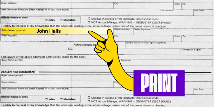 Back of the title (top left) - Print your name on the line labeled 'Seller's Name (Printed)'