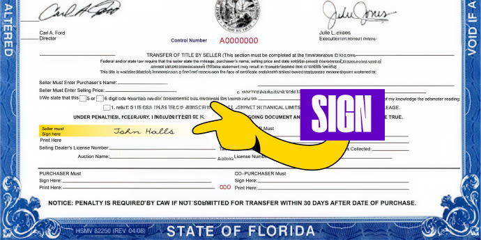 Front of the title (bottom half) - Sign your name on the line labeled 'Signature of Seller'