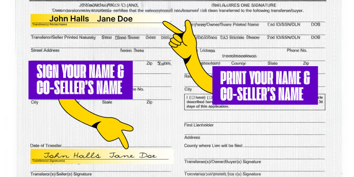 Multiple owners? Only one owner must sign if title states 'OR' between owner names printed on the front of the title. Both owners must sign if title states "AND" or "AND/OR" between owner names, or if nothing is listed between owner names.