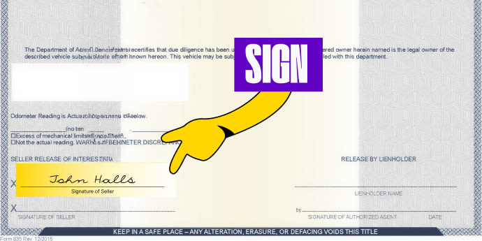 Front of the title (top left) - Sign your name on the line labeled 'Seller'