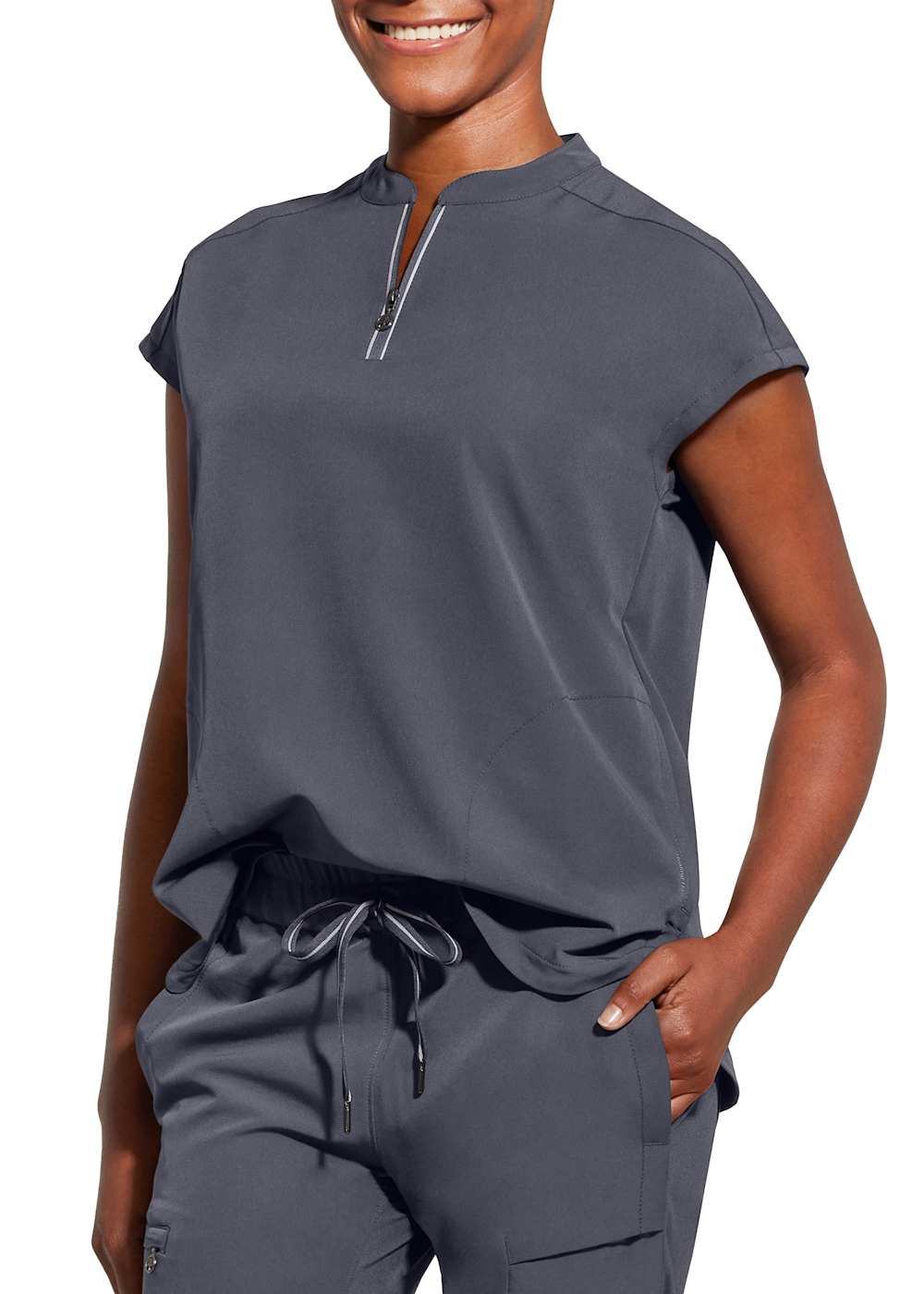 Sandy 2-Pocket Mandarin Collar Half-Zip Front Top