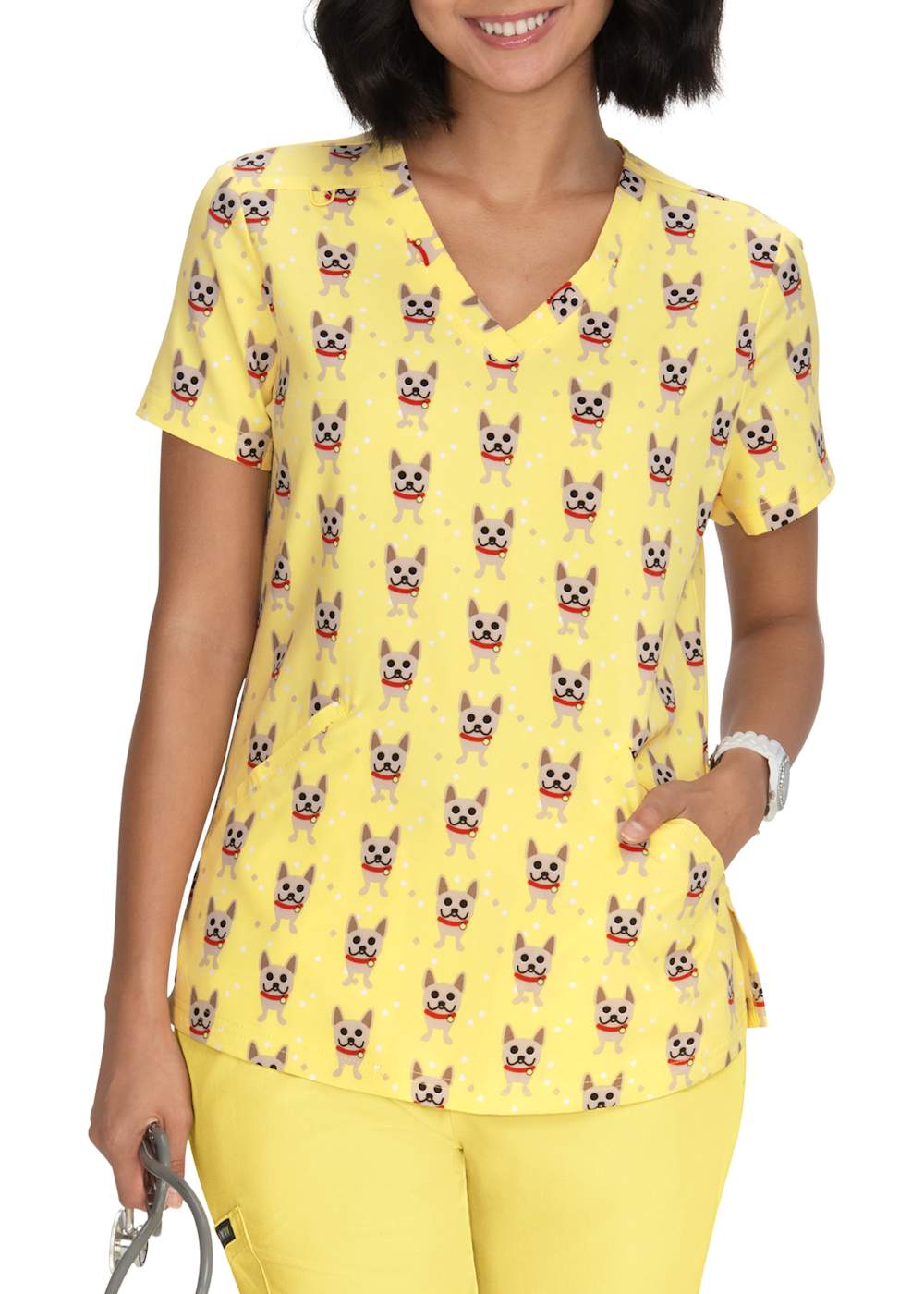 Frenchie V-neck Print Top | Scrubs & Beyond