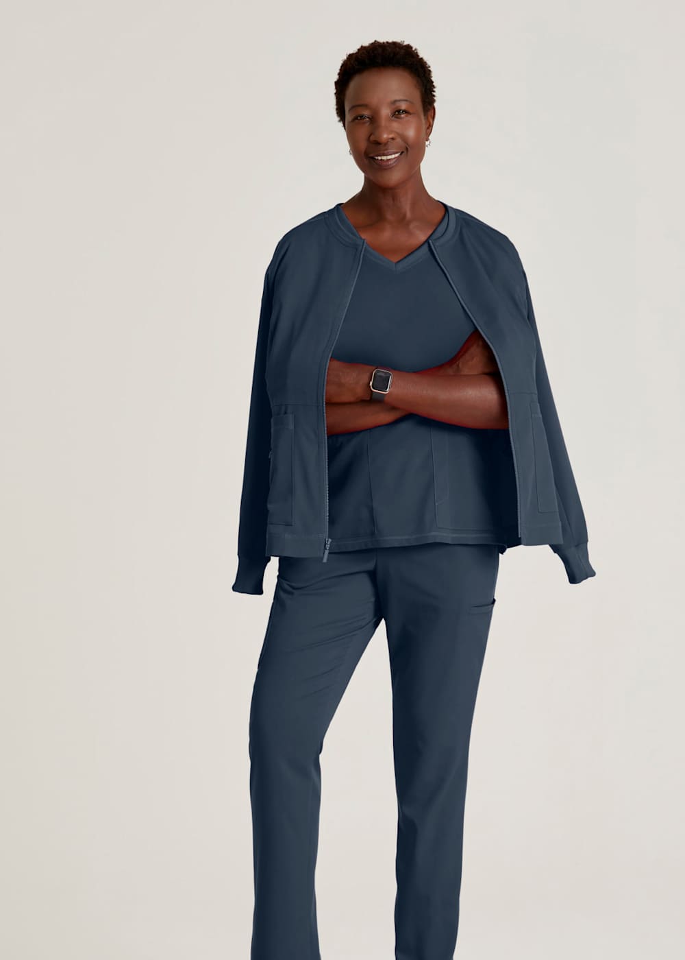 3 Pocket Round Neck Zip Front Scrub Jacket