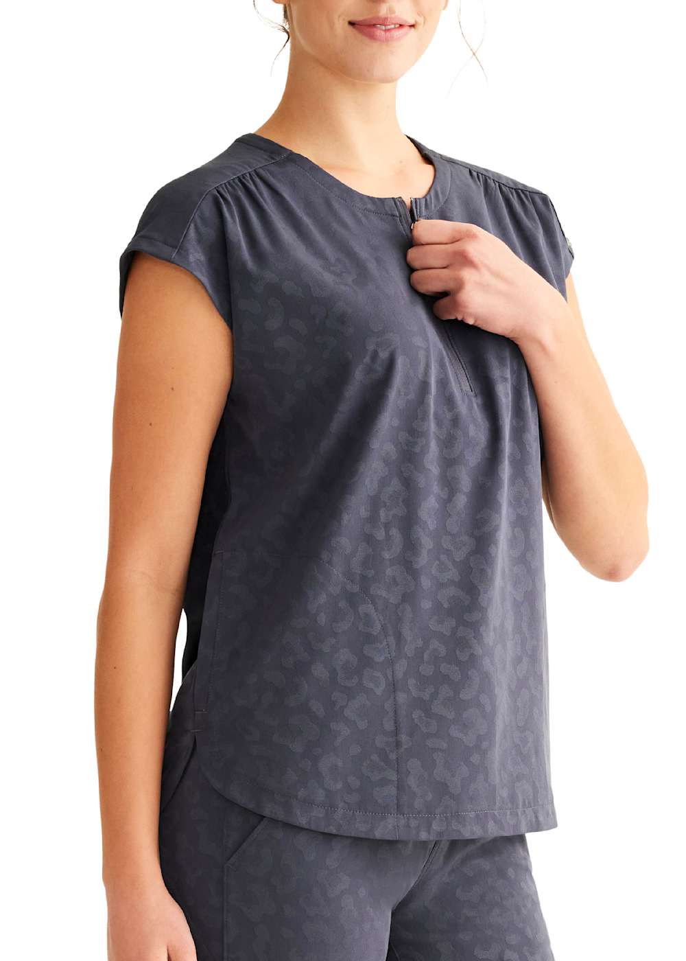 Leopard Jacquard Jayden 2-Pocket Round Zip-Neck Top | Scrubs & Beyond