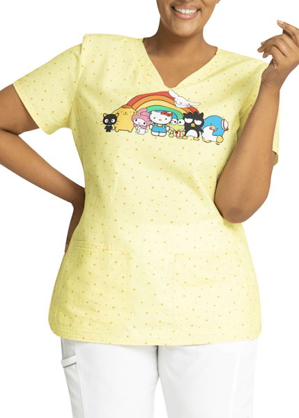 Tooniforms Disney's Winnie The Pooh Bother Free Women's 3-Pocket Stretch V-Neck Print Scrub Top - Size L