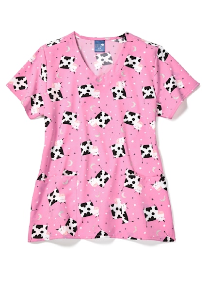 Zoe & Chloe Yeti, Set, Go Women's 2-Pocket STRETCH Notch Neck Print Scrub  Top, Holiday Scrubs