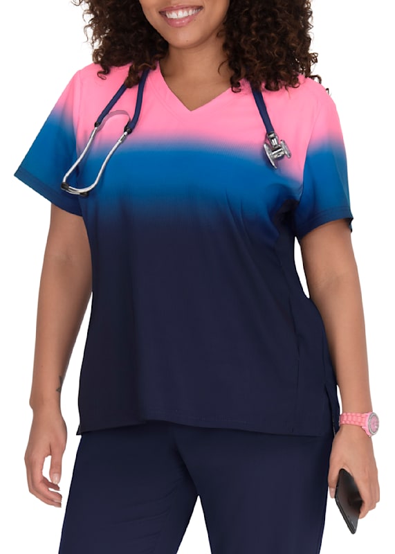 Reform Pink Royal Blue Navy Ombre V Neck Print Top Scrubs Beyond