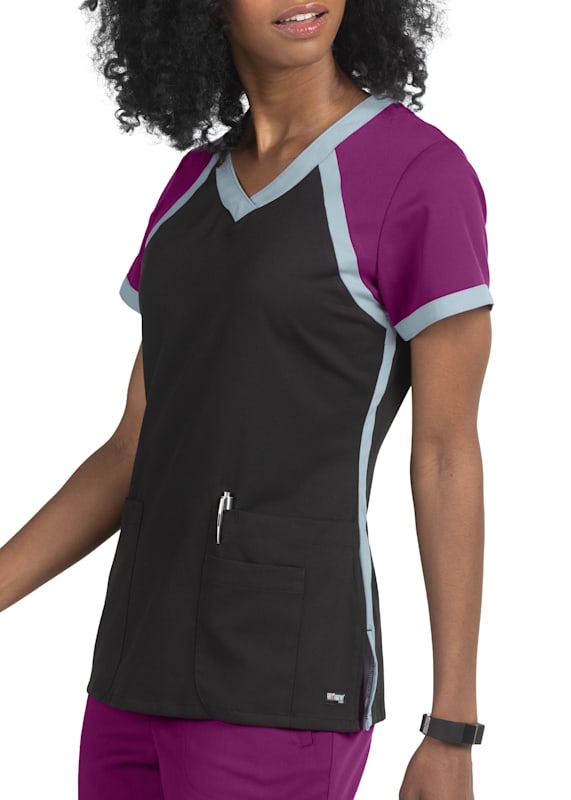 Grey's Anatomy Spandex Stretch Scuba 3 Pocket Color Block V-Neck Scrub Top, Scrubs & Beyond