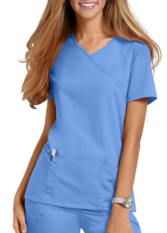 Urbane Essentials Relaxed Fit 2-Pocket Mock Wrap Neck Scrub Top for Women  9534 