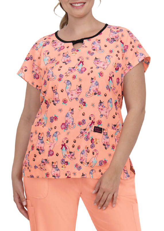 Sunflower Spring Purrrty Keyhole Neck Print Scrub Top