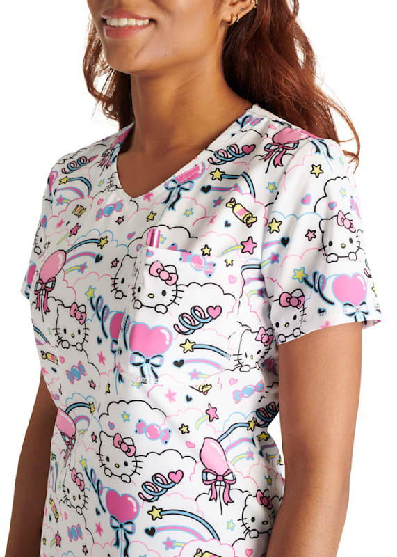 Tooniforms Hello Kitty Yummy Treats Women's 2-Pocket STRETCH V-Neck Print  Scrub Top, Hello Kitty Scrubs