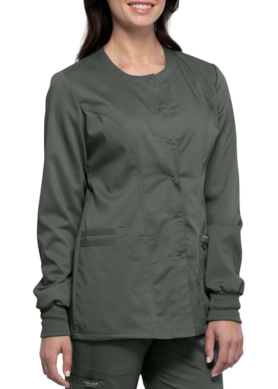 Cherokee® Workwear Revolution Women's Snap Front 3- Pocket Scrub Jacket -  Embroidered Personalization Available