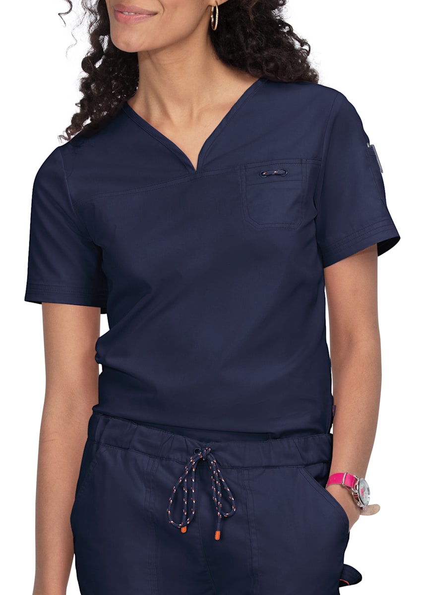 Koi Stretch ChestPocket TuckIn VNeck Scrub Top w/ Hidden Print Detail Scrubs