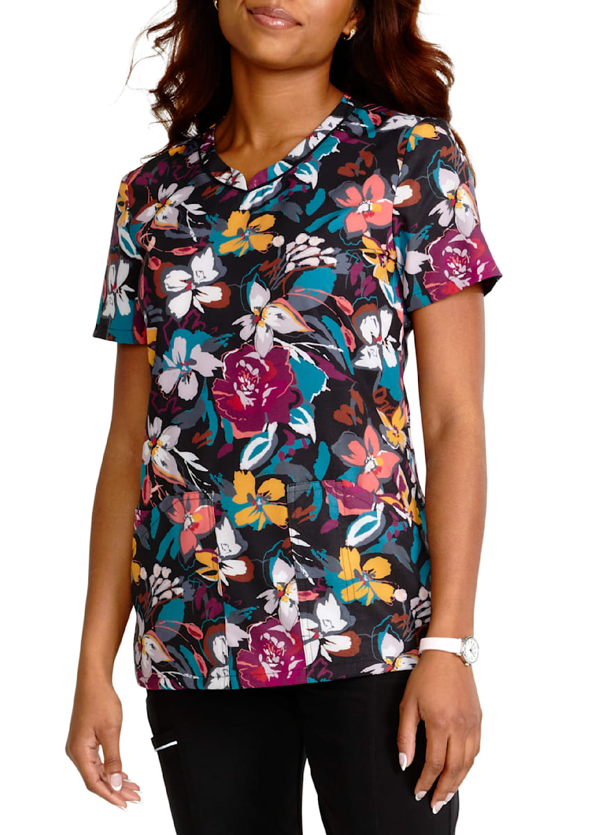 Artful Blooms V-Neck Print Top | Scrubs & Beyond