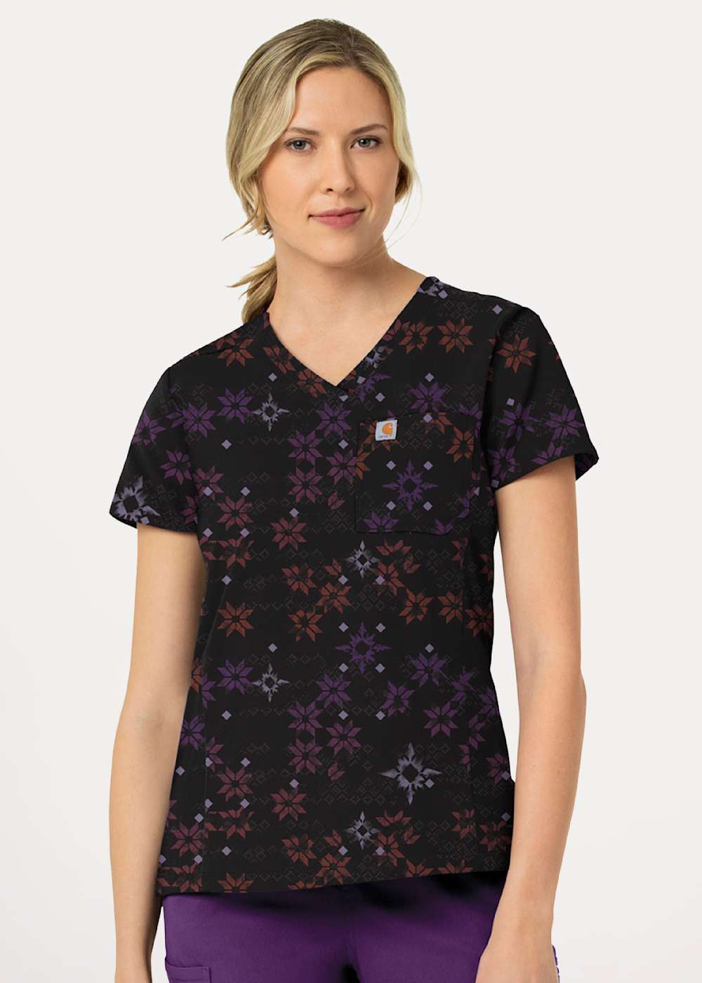 Winter Quilt Black V Neck Print Scrub Top